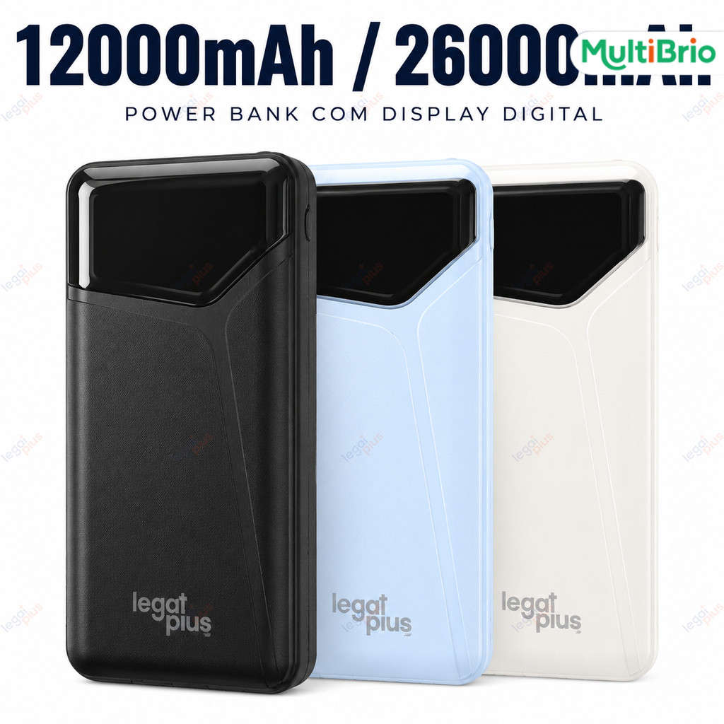 Carregador Portátil 12000/26000mAh Power Bank 3 Cabos Tela LED Tipo C Lightning Alta Capacidade