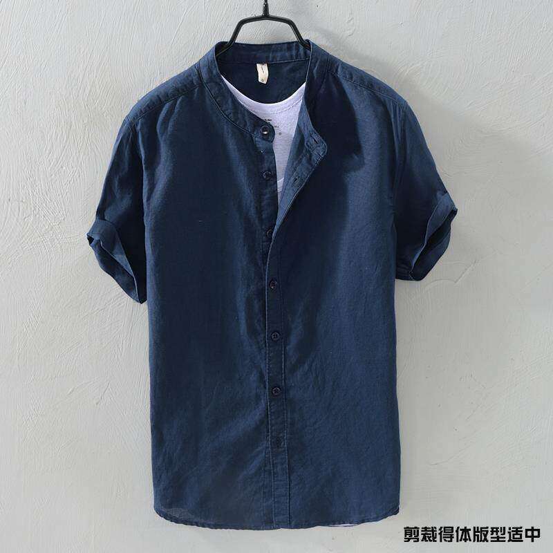 Camisa de manga curta de linho masculina gola alta solta Retro fina respirável All-Match polegada camisa azul escuro