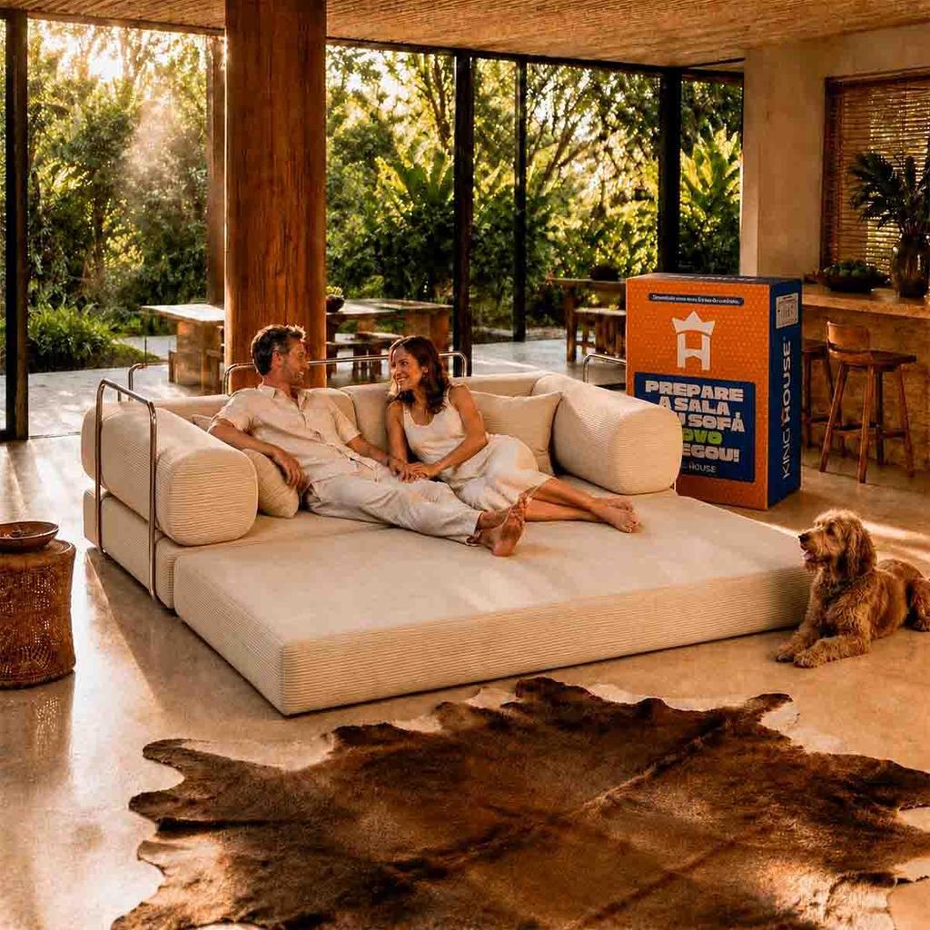 Sofá Cama Chegada Molas Ensacadas á Vácuo 3 Lugares 2,02m Veludo Cotelê Bege - King House — imagem 2 de 2