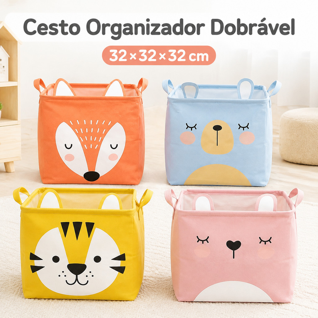 Cesto Organizador Infantil Dobrável 32x32x32cm para Roupas Sujas, Brinquedos, Quarto e Banheiro Multiuso