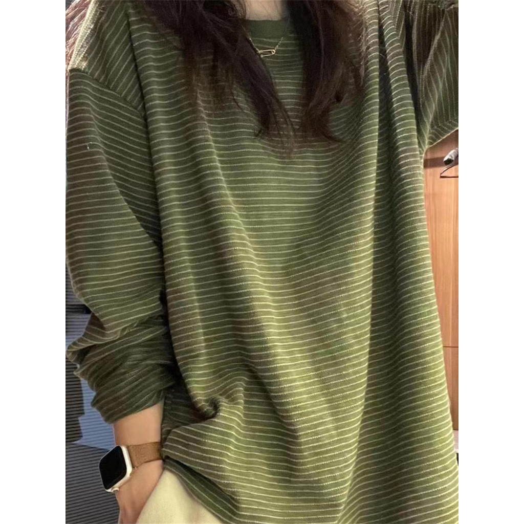 Verde listrado de manga comprida camiseta feminina primavera novo estilo coreano Retro preguiçoso estilo solto All-Match