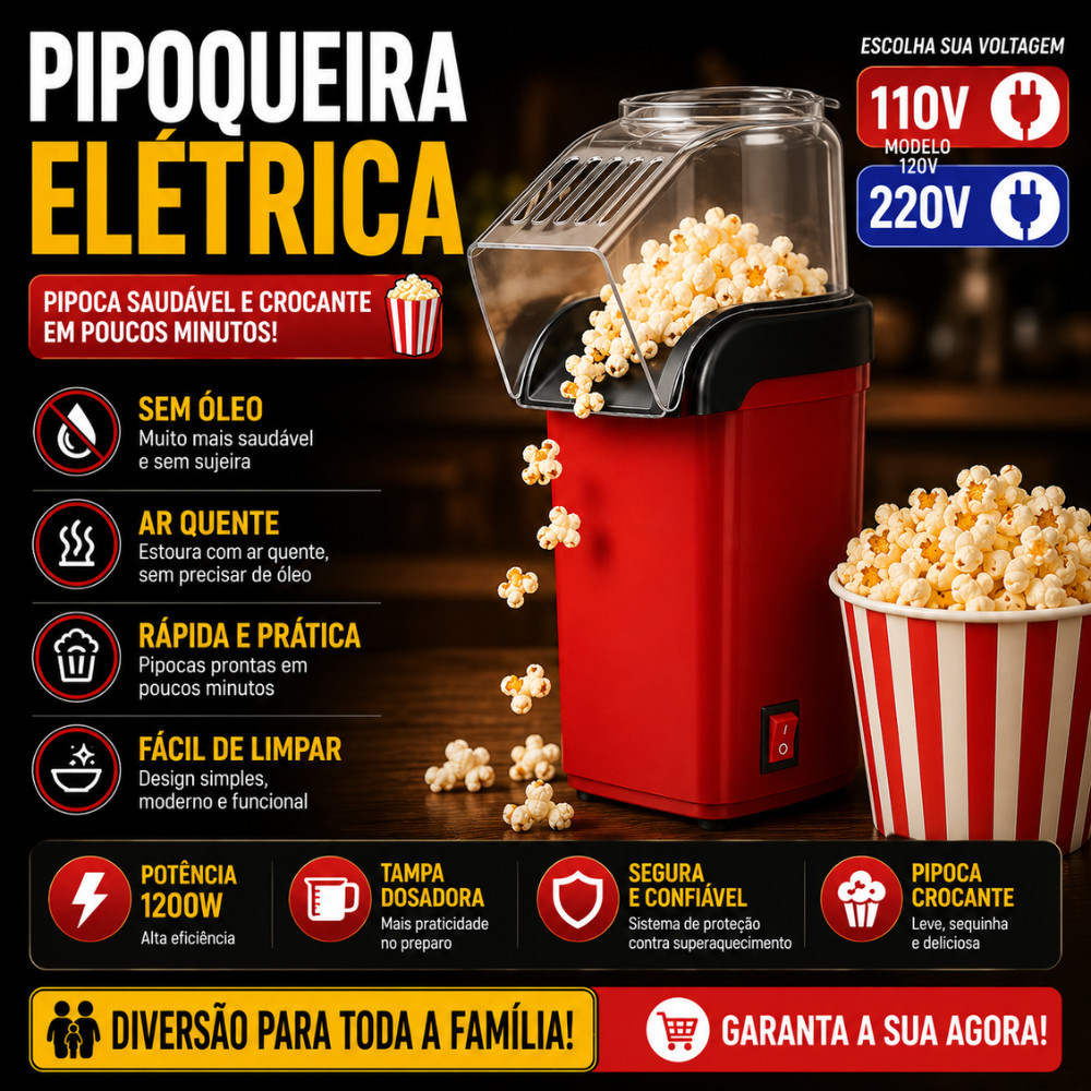 Pipoqueira Elétrica Sem Óleo Ar Quente 1200W Faz Pipoca Saudável Crocante 110V Ou 220V