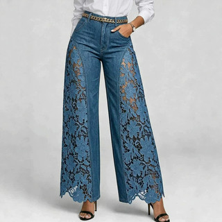 2026 feminino primavera verão cintura alta elegante All-Match renda costura Denim Drape calças de perna larga