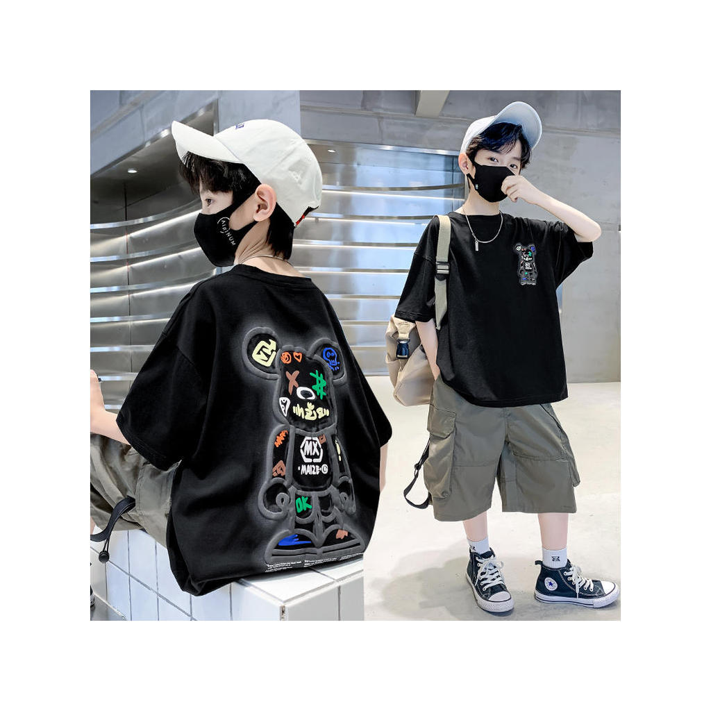 Verão novo estilo estilo coreano na moda legal menino dos desenhos animados urso algodão camiseta ins estilo crianças mo