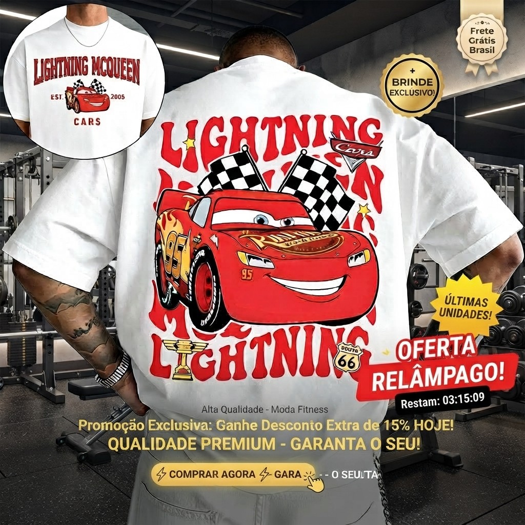 Camiseta Masculina Relâmpago McQueen Cars Oversized Estampa Costas Streetwear