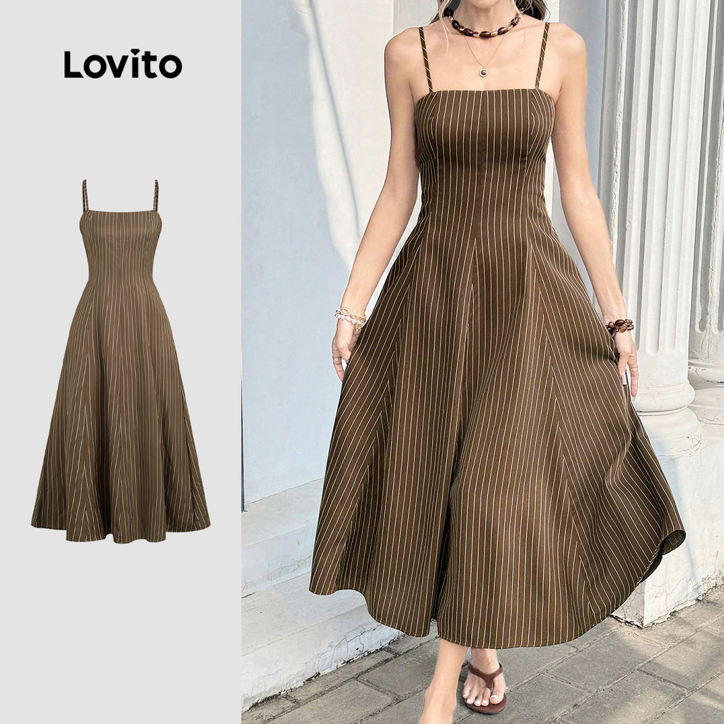 Lovito Vestido Casual com Zíper Vestido Marrom Primavera/verão para mulheres DRBR37BR202