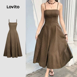 Lovito Vestido Casual com Zíper Vestido Marrom Primavera/verão para mulheres DRBR37BR202