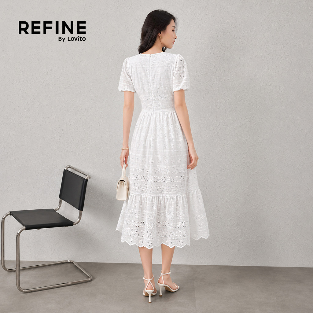 (Refine by Lovito) Elegante Vestido Casual Longo Babados Casamento Algodão Ilhós Branco Primavera/verão Feminino Trabalho LR26ED067 · foto 2
