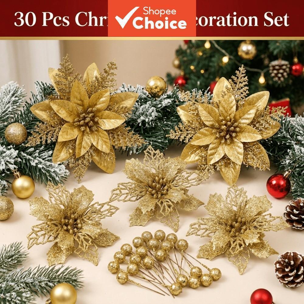 30 Pçs Conjunto De Decoração De Natal Flor Artificial Glitter Berry Picaretas Pendurado Ornamentos Ouro Vermelho Para Ár