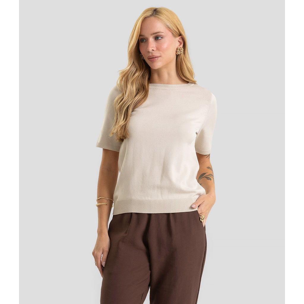 Blusa Feminina Manga Curta Lisa Em Tricot Dianna Bege