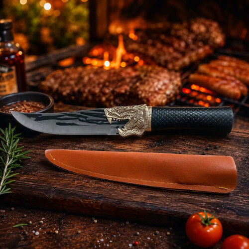 Faca Dragão Churrasco estilo Artesanal Aço Inox Picanheira Profissional Afiada Cozinha Carnes Cabo Texturizado Preto