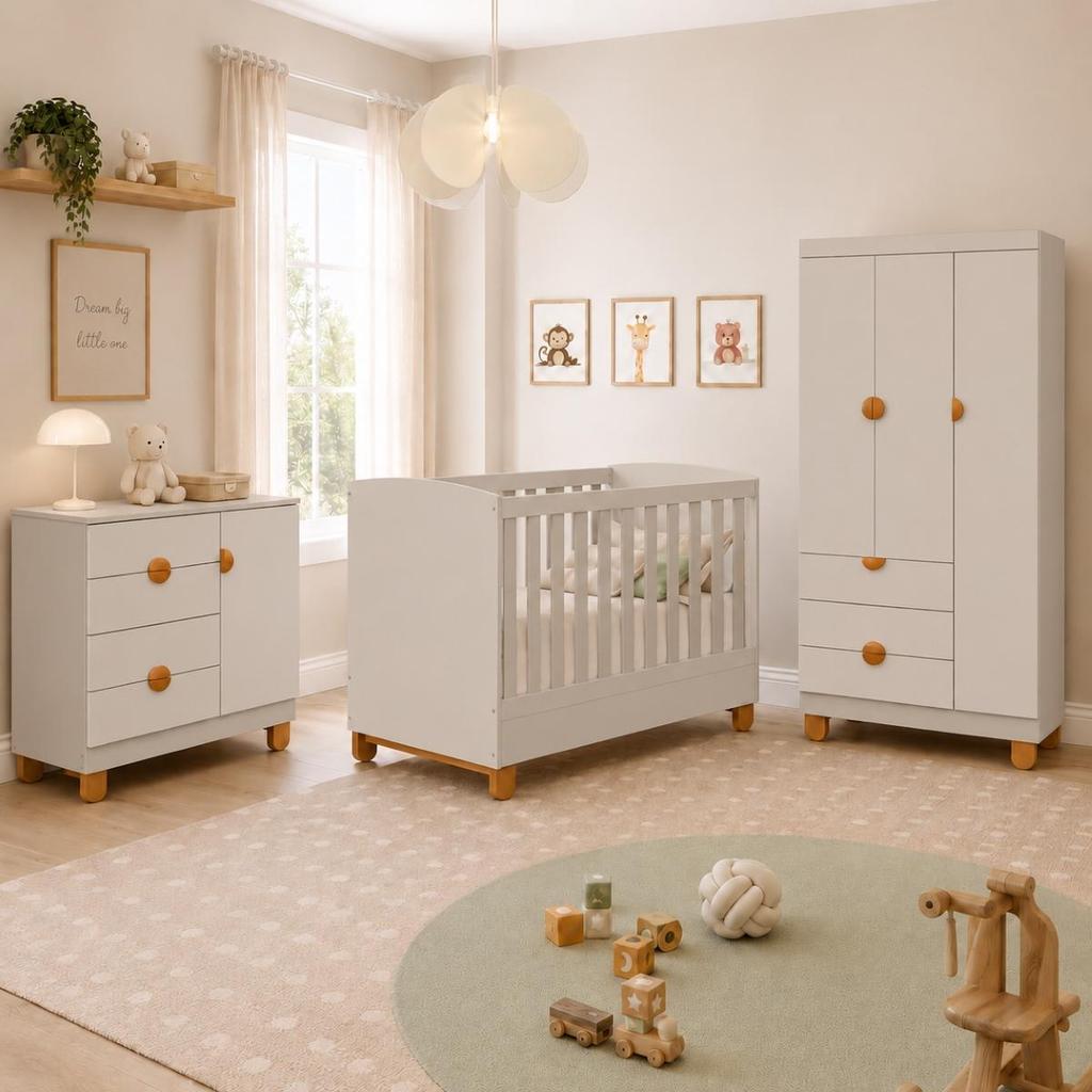 Conjunto Completo Apolo Berço 2 em 1 Comoda e Roupeiro 3 Portas Bebê