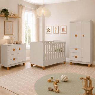 Conjunto Completo Apolo Berço 2 em 1 Comoda e Roupeiro 3 Portas Bebê