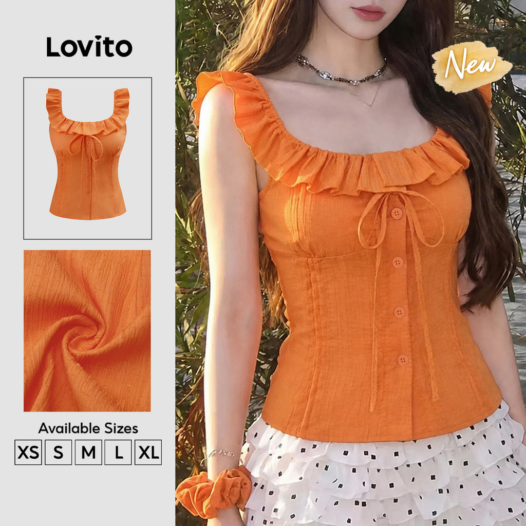 (New Arrival) Lovito Top Laranja Casual Feminino Sem Mangas Decote Quadrado Babados botões E Pregas primavera/verão TKB204P1D204