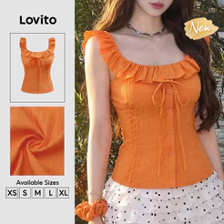 (New Arrival) Lovito Top Laranja Casual Feminino Sem Mangas Decote Quadrado Babados botões E Pregas primavera/verão TKB204P1D204