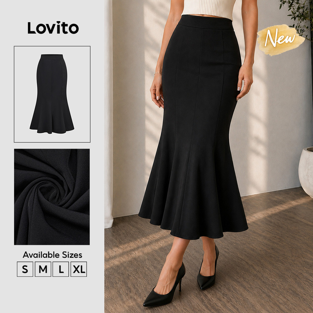 (New Arrival) Lovito Saia Longa Feminina Casual Coreana Estilo Sereia Para Primavera/verão E Feriados Cor Preta Evangelical SKB39BR091