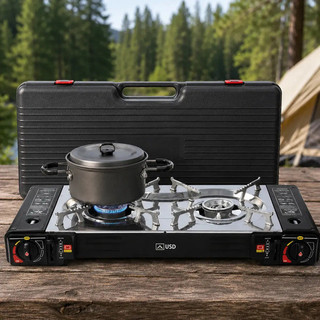 Fogareiro Duas Bocas Duplo Camping Inox Acendimento Automático C/ Maleta Marca Usd