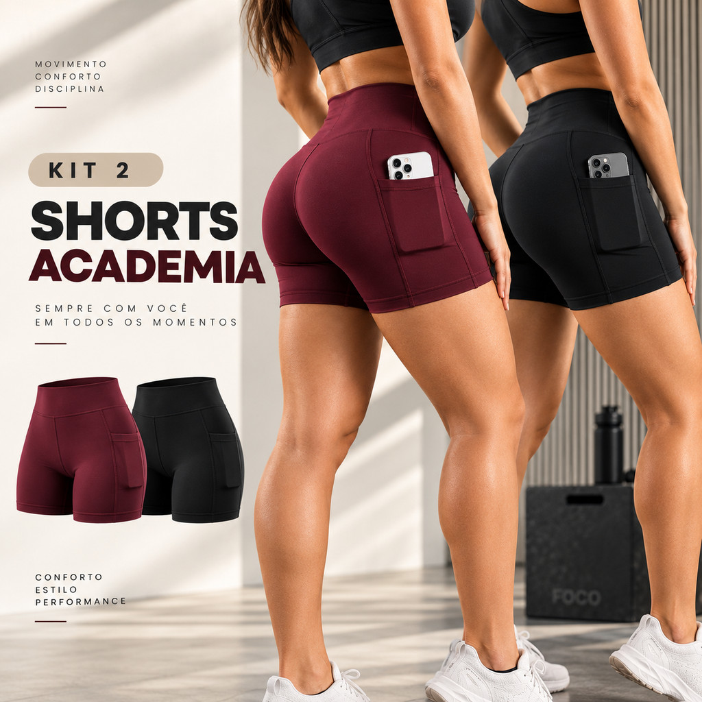 2 Short Feminino Academia Suplex Cós Alto com Zero Transparência, Bermuda Feminina