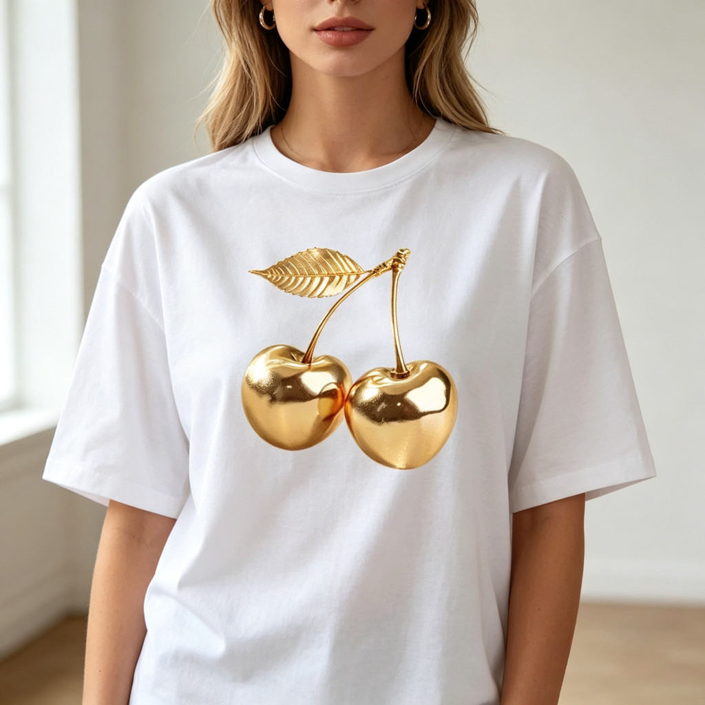 Camiseta Feminina Manga Curta Algodão Oversized Confortável Borda Redonda Estampa Cereja Dourada Arte Fruta