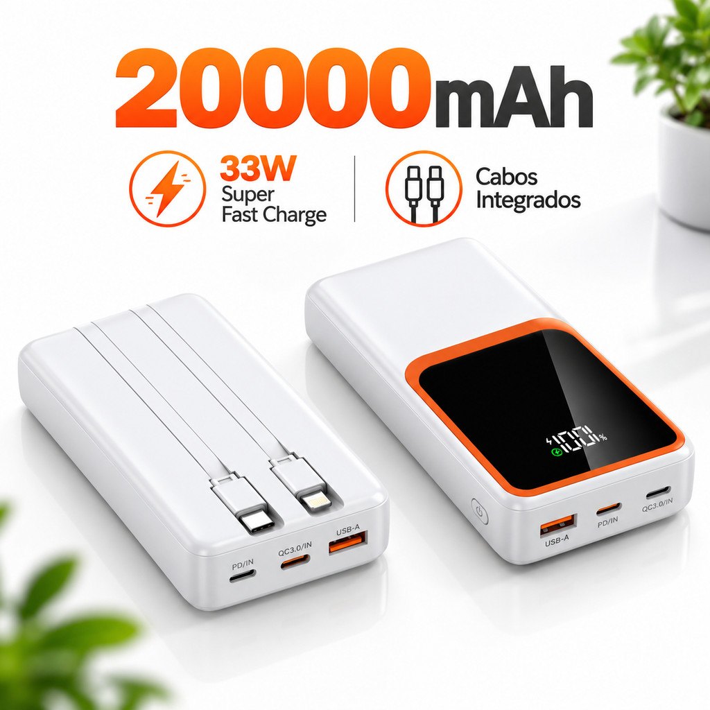 Power Bank 20000mAh 33W com Cabos Integrados Type-C USB e Display Digital para Celular