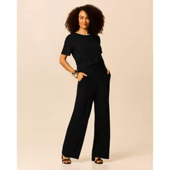 Calça Wide Leg Feminina Bolso Faca Cadarço Frontal Em Moletinho De Viscose
