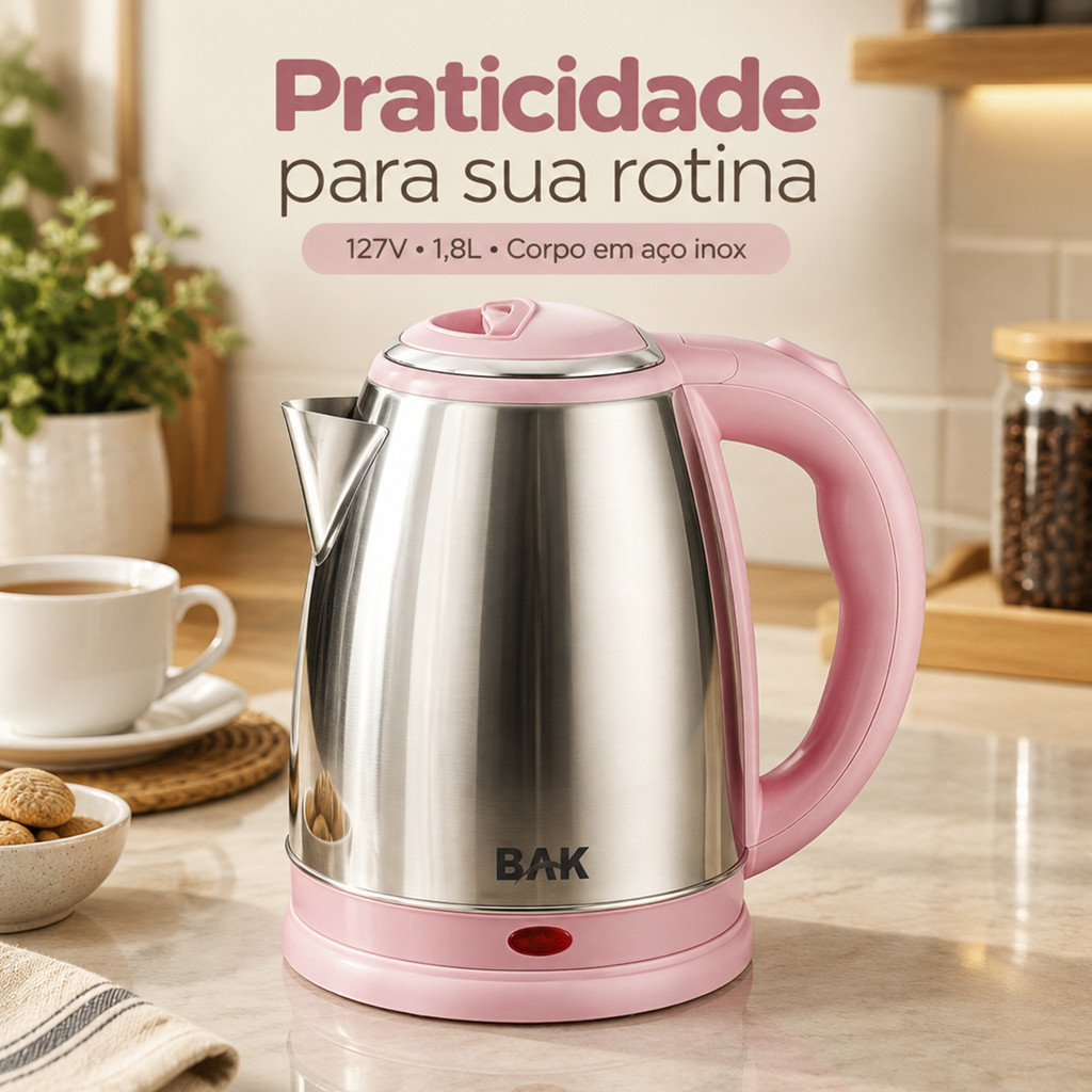 Chaleira Elétrica Inox 1.8L Água Quente para Chá Café Chimarrão 1100W 127V Base 360 Aço Inox Jarra Elétrica