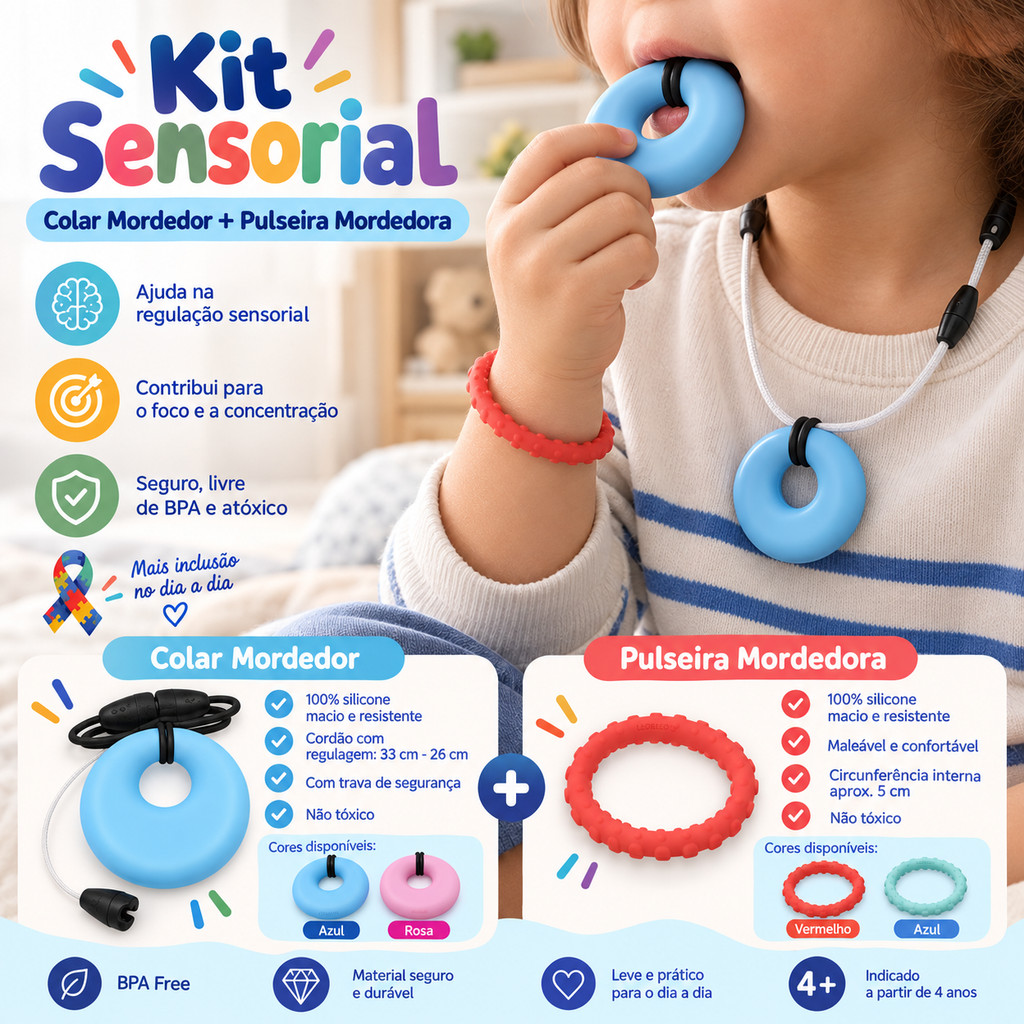Kit Colar + Pulseira Mordedor Sensorial Silicone  ColorJoy - Anti Estresse Ansiedade Infantil Autismo TEA TDAH
