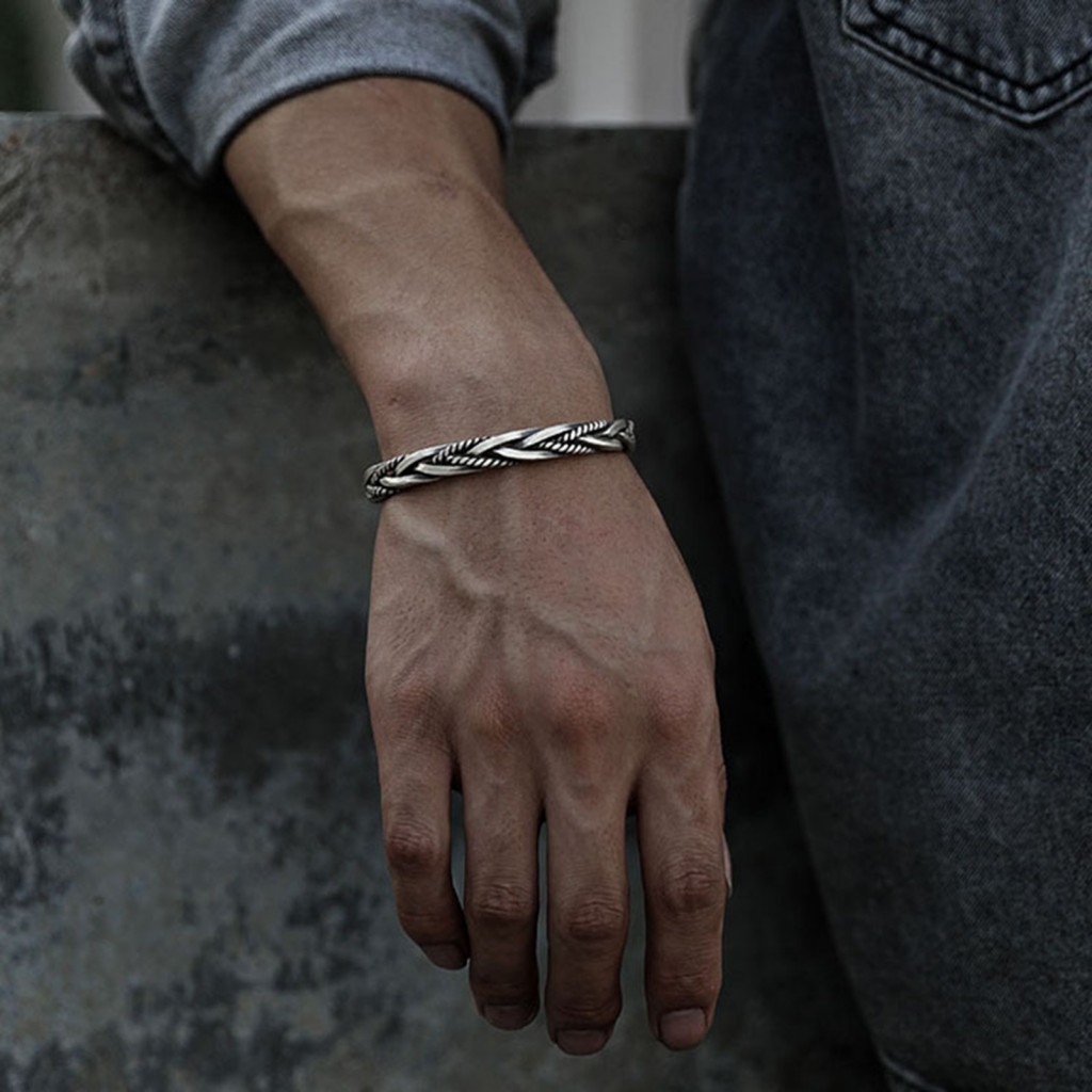 Pulseira De Tecido Geométrico Prateado Vintage – Design Aberto Para Uso Diário Masculino