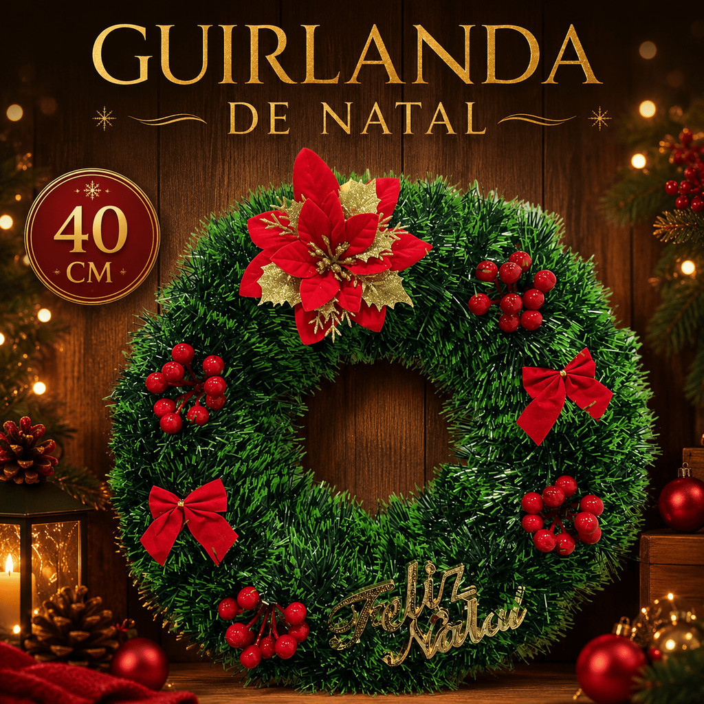 Guirlanda Decorada de Natal Enfeite para Porta 40cm Coroa Natalina Feliz Natal para Porta e Parede