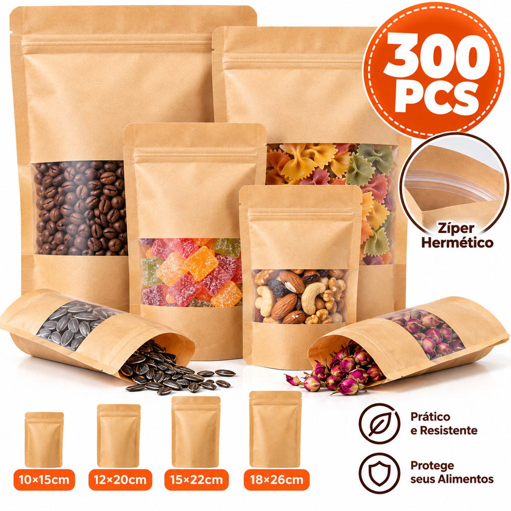 Kit 300 Sacos Stand Up Pouch Kraft com Visor Zip Lock para Doces Biscoitos e Alimentos