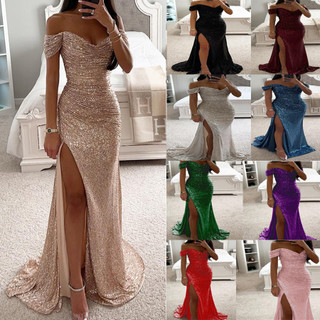 Novas roupas femininas festa lantejoulas um pescoço fenda vestido Casual moda vestido longo