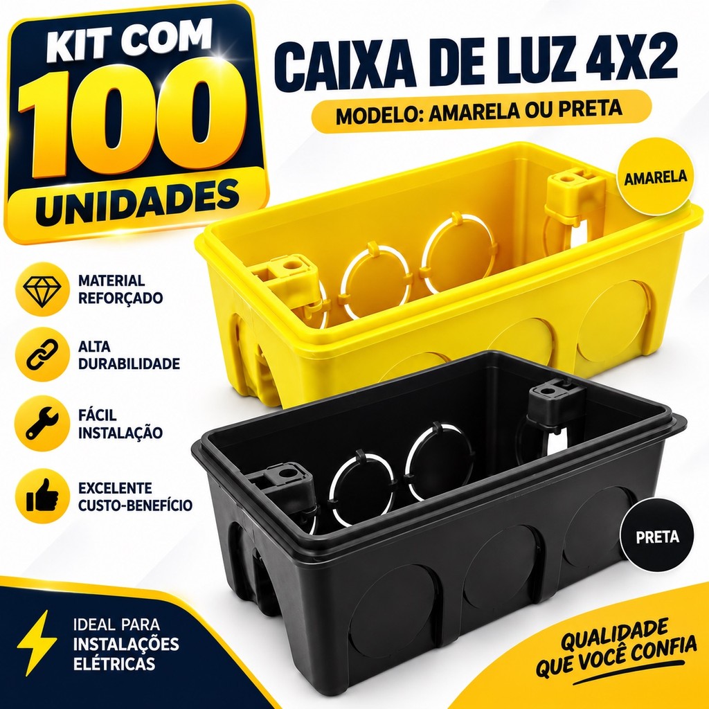 Kit 100 Caixa Caixinha de Luz 4x2 Reforçada P/ Tomada Interruptor Embutir Amarelo / Preto