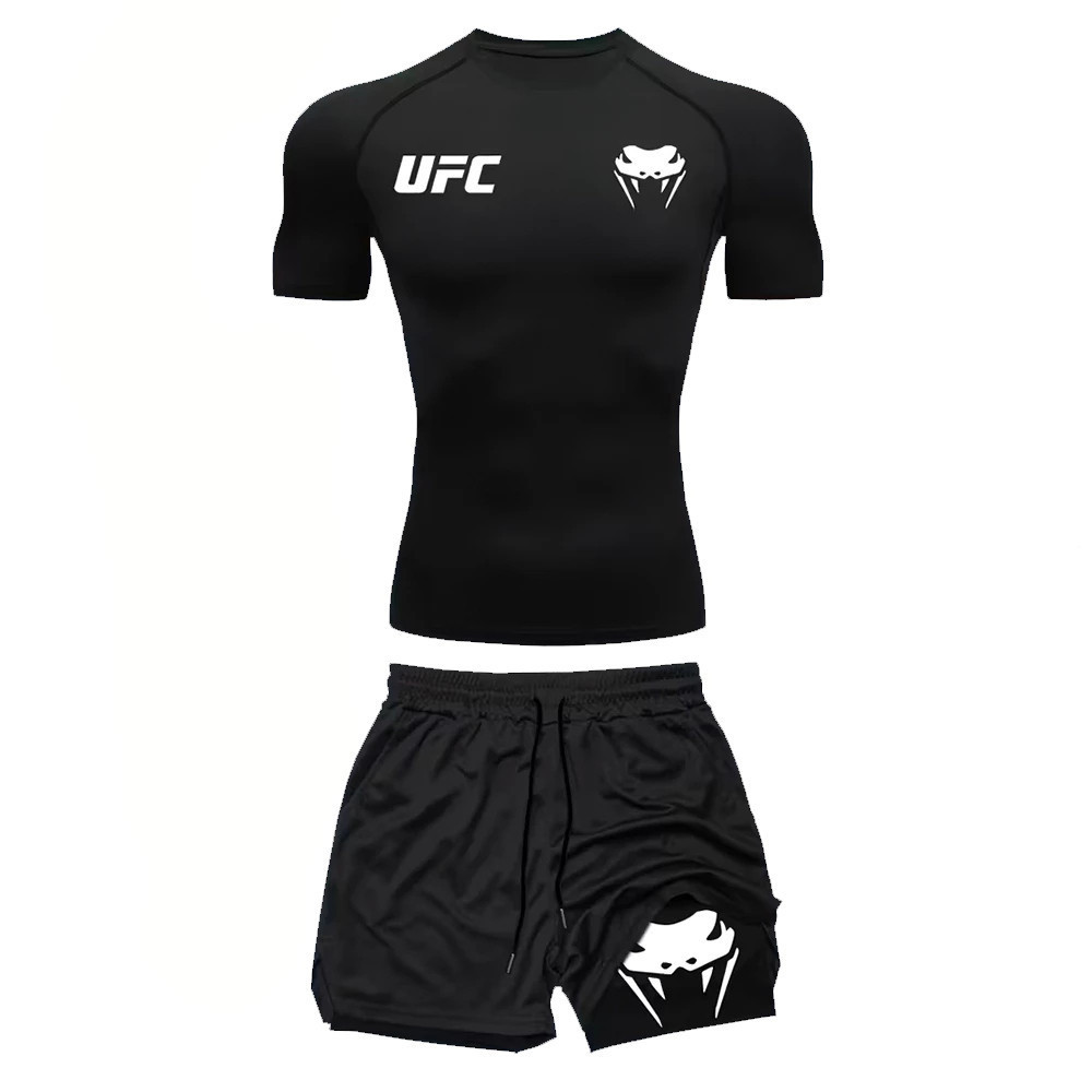 Kit Camiseta Compressão Academia + Short Bermuda 2 em 1 Dry-fit Proteção Térmica UFC Luta Treino Gym