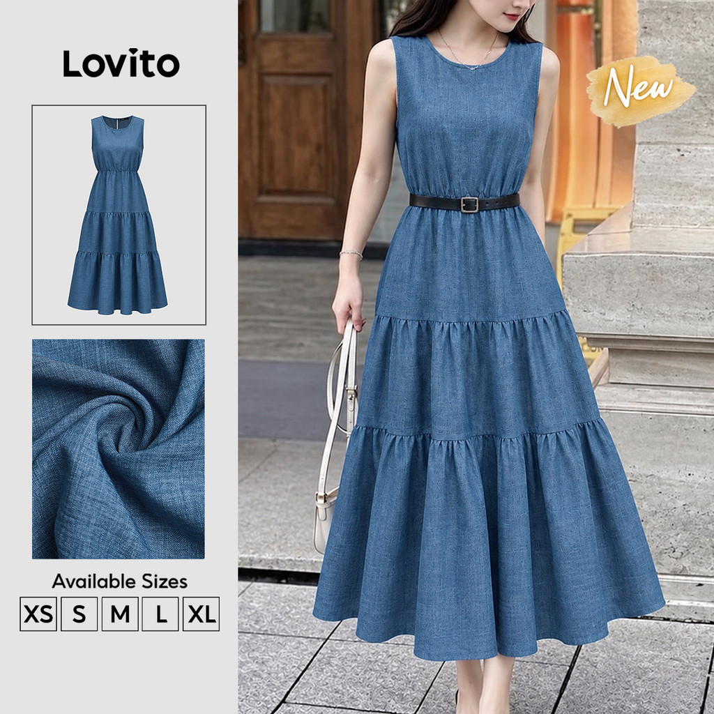 (New Arrival) Lovito Vestido Azul Feminino Casual Longo Com Babados Na Barra Para Primavera Verão E Fins De Semana DRK10P1D963