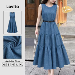 (New Arrival) Lovito Vestido Azul Feminino Casual Longo Com Babados Na Barra Para Primavera Verão E Fins De Semana DRK10P1D963