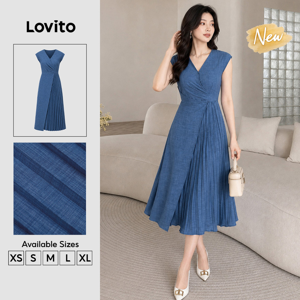 Lovito Vestido Feminino Azul com Pregas Assimétricas Modelo A Primavera Verão Traje de Trabalho DRB204P1D434