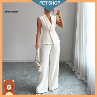 Comfortable Spring Suit Breathable Lightweight Women’s 2-piece Blazer Vest Wide Leg Pants Set – Stylish Office Work 