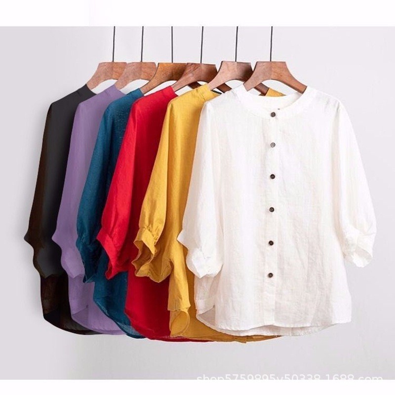Primavera outono novo estilo camisa de linho de algodão roupas femininas manga lanterna Retro arte topo tamanho grande s