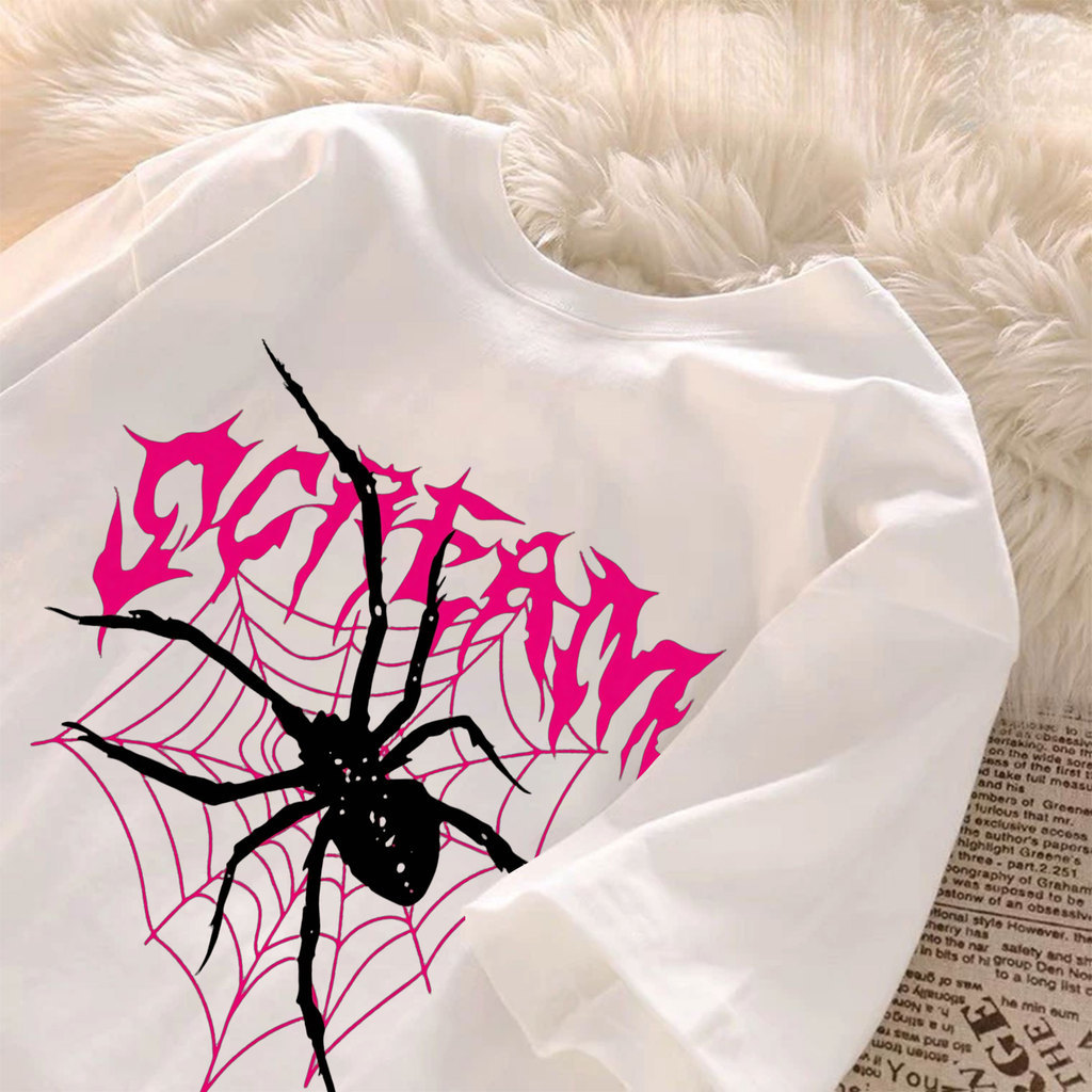 [Camiseta Premium Algodão]JOJO Camiseta Feminina Oversized Streetwear com Estampa de Aranha e Teia, 100% Algodão, Estilo