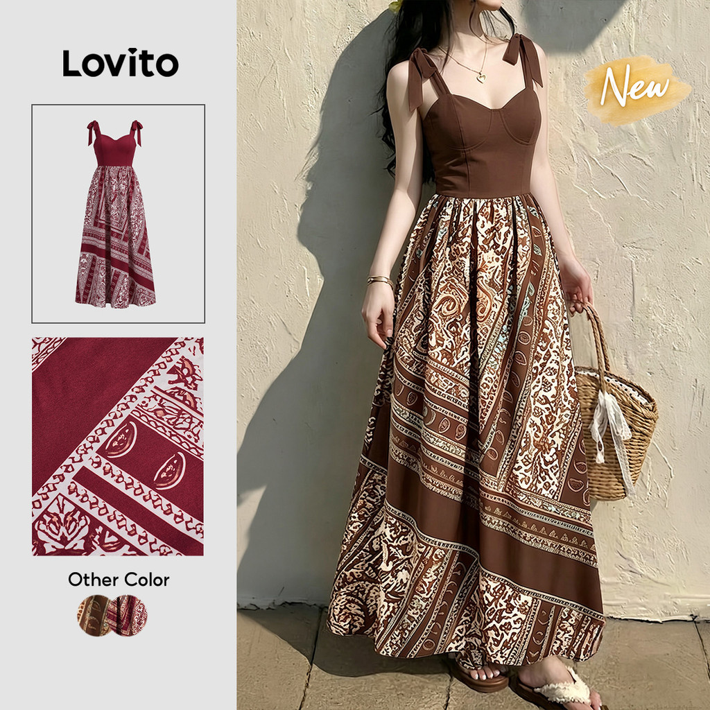 (New Arrival) Lovito Vestido Boho Marrom Feminino Estampa Tribal amarração étnico Longo evasê primavera/verão férias DRK10P1D291