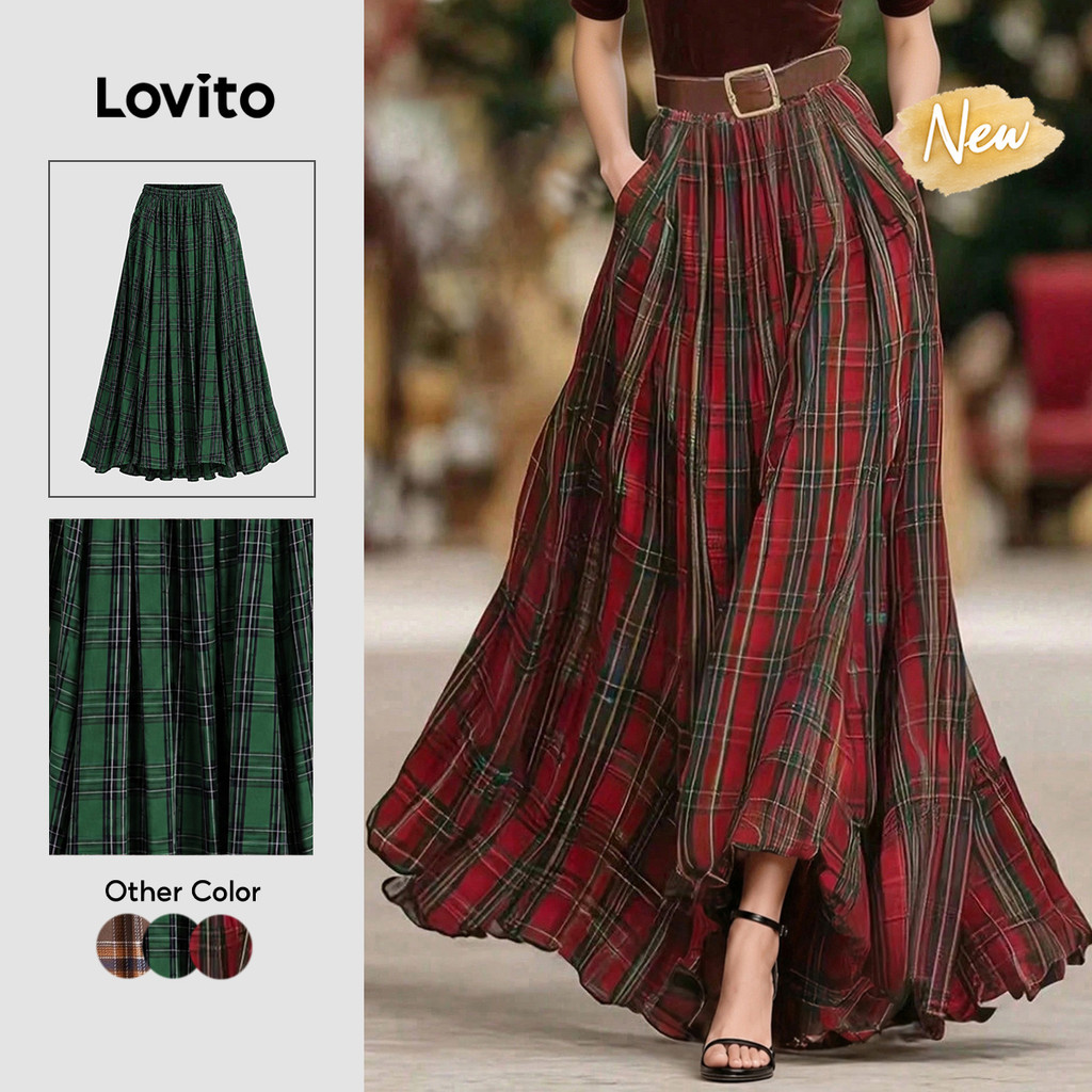 Lovito Saia Feminino Longa Plissada Xadrez Boho Em Tons De Vermelho E Verde Para Fins De Semana E Férias SKK10BR380