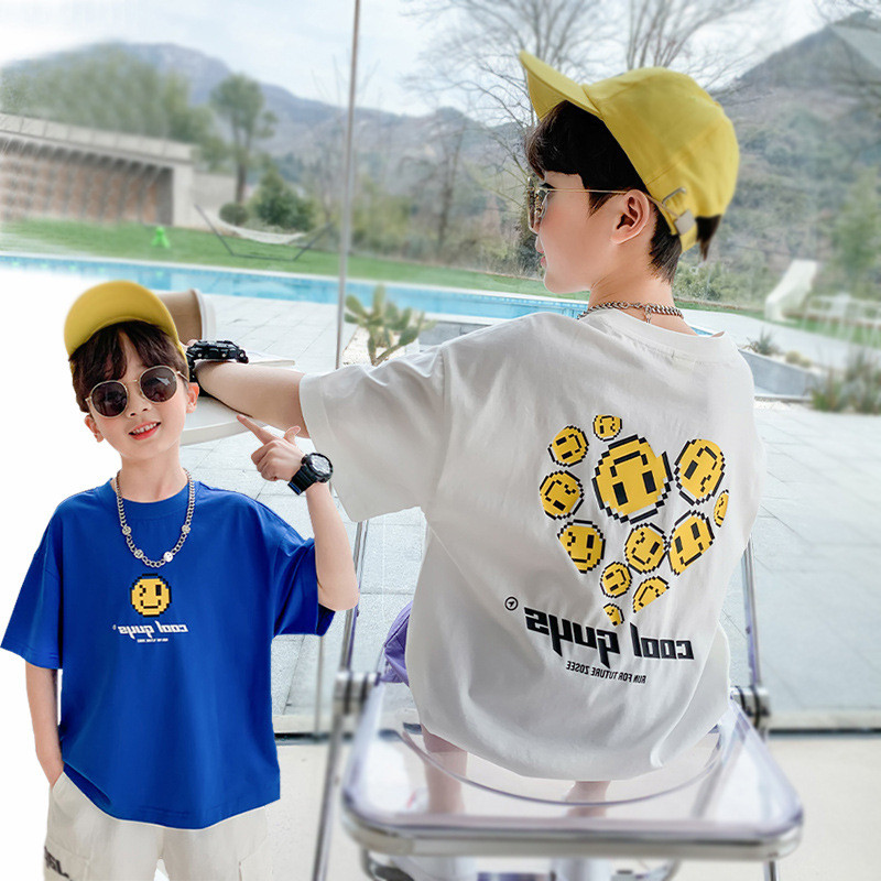 2026 verão crianças puro algodão legal manga curta camiseta meninos estudantes impresso Smiley simples moda em torno do 
