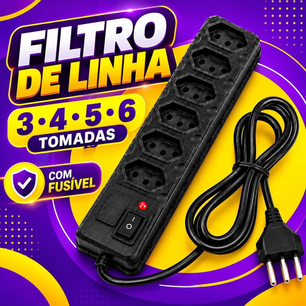 Filtro de Linha Régua Preta com Liga Desliga 3 4 5 6 Tomadas Cabo 85cm