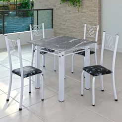 Conjunto de Jantar Mesa 70x70cm Tampo de Granito Topázio com 4 Cadeiras Sara Yescasa Branco/Preto Floral Branco/Preto