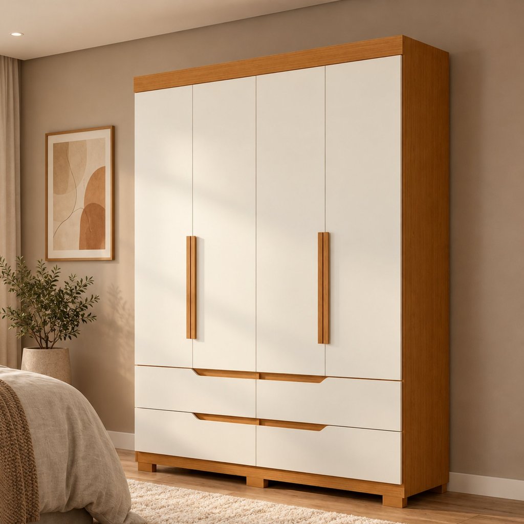 Guarda-Roupa Solteiro 4 Portas 4 Gavetas Doble Cinamomo Off White Cinamomo/Off White