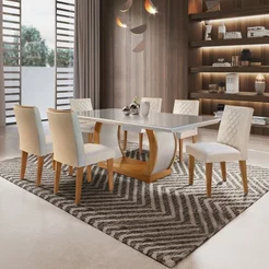 Conjunto Sala de Jantar Mesa Tampo de Vidro 6 Cadeiras Luanda Yescasa Marrom/Imbuia/Veludo Creme Imbuia/Veludo Creme