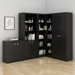 Conjunto Home Office 4 Armários Multiuso para Escritório 6 Portas Preto Preto