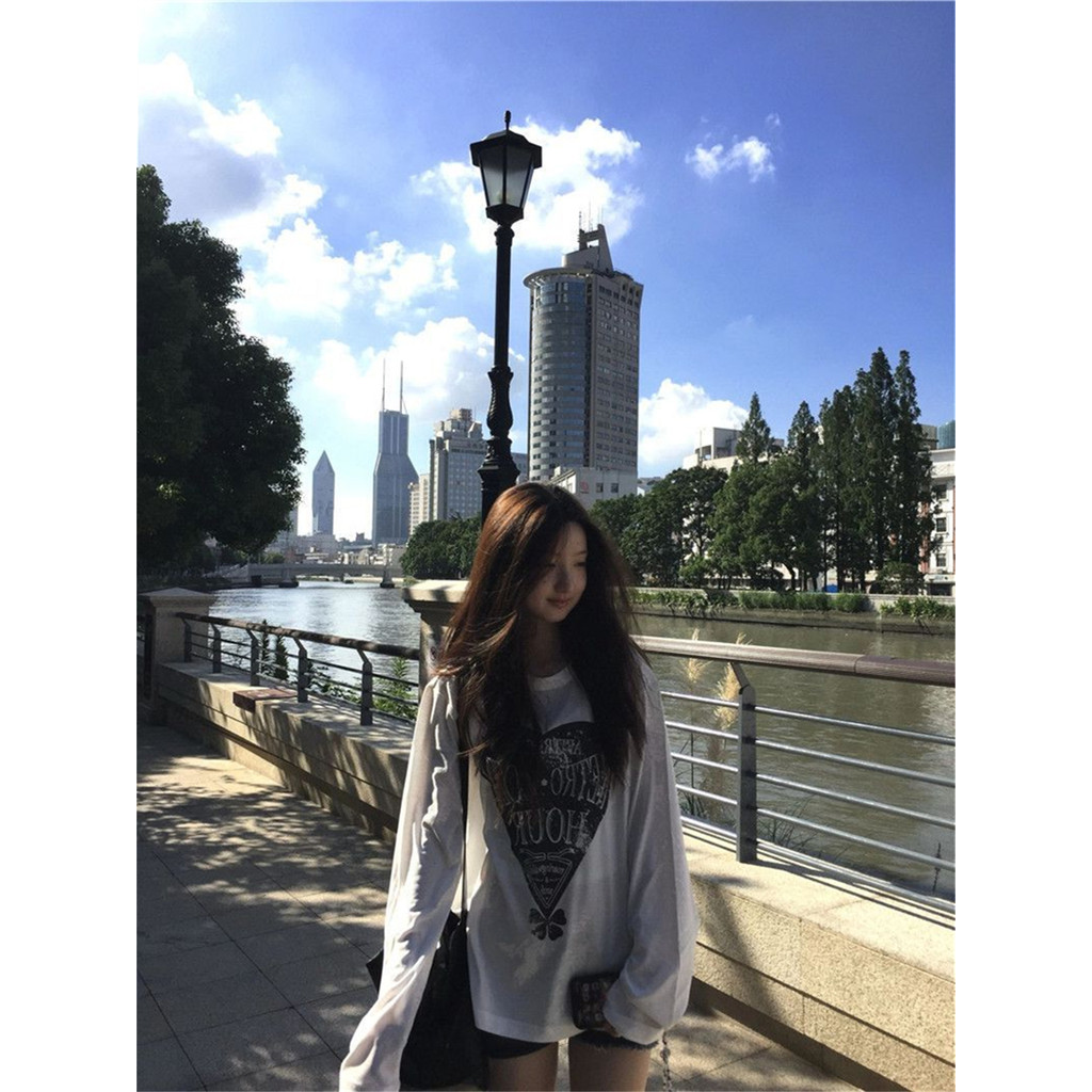 Americano Retro de manga comprida camiseta feminina primavera outono Casual solto estilo preguiçoso amor carta impressão