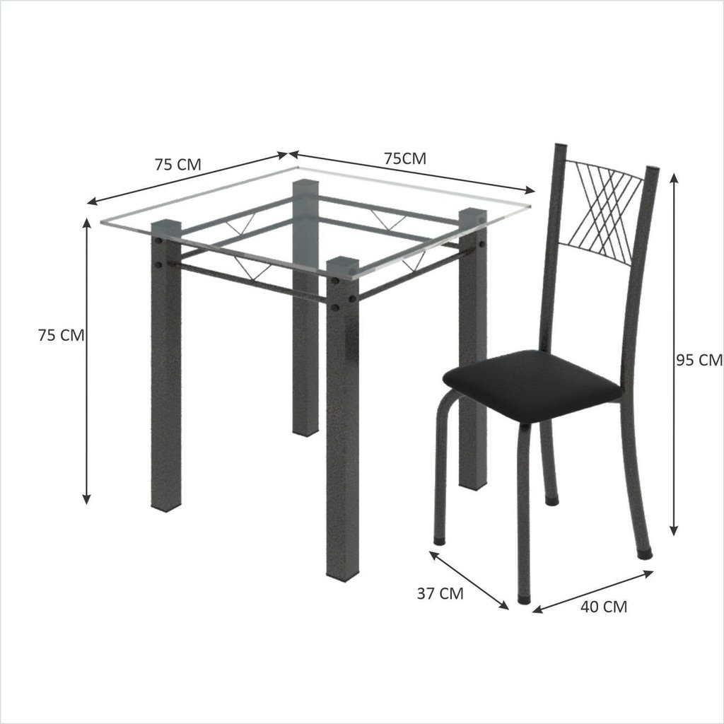 Conjunto de Jantar Mesa 75x75cm Tampo de Vidro Incolor com 4 Cadeiras Sara Yescasa Prata/Preto Liso/Mart Preto Liso/Mart · foto 2