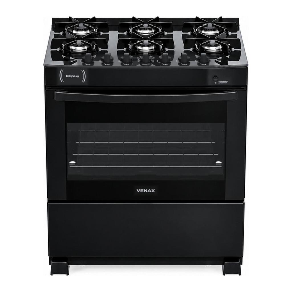 Fogao 6 Bocas Venax delplus Vitreo Bl Preto Fosco Gas Glp